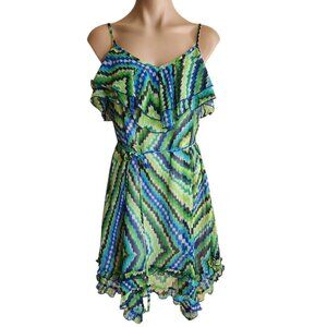 Y2K Summer Green and Blue Ruffle Asymmetrical Dress Size L BCX